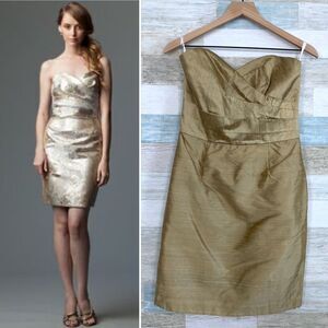 Siri Dupioni Pure Silk Ruched Cocktail Dress Gold Strapless Sweetheart Womens 6